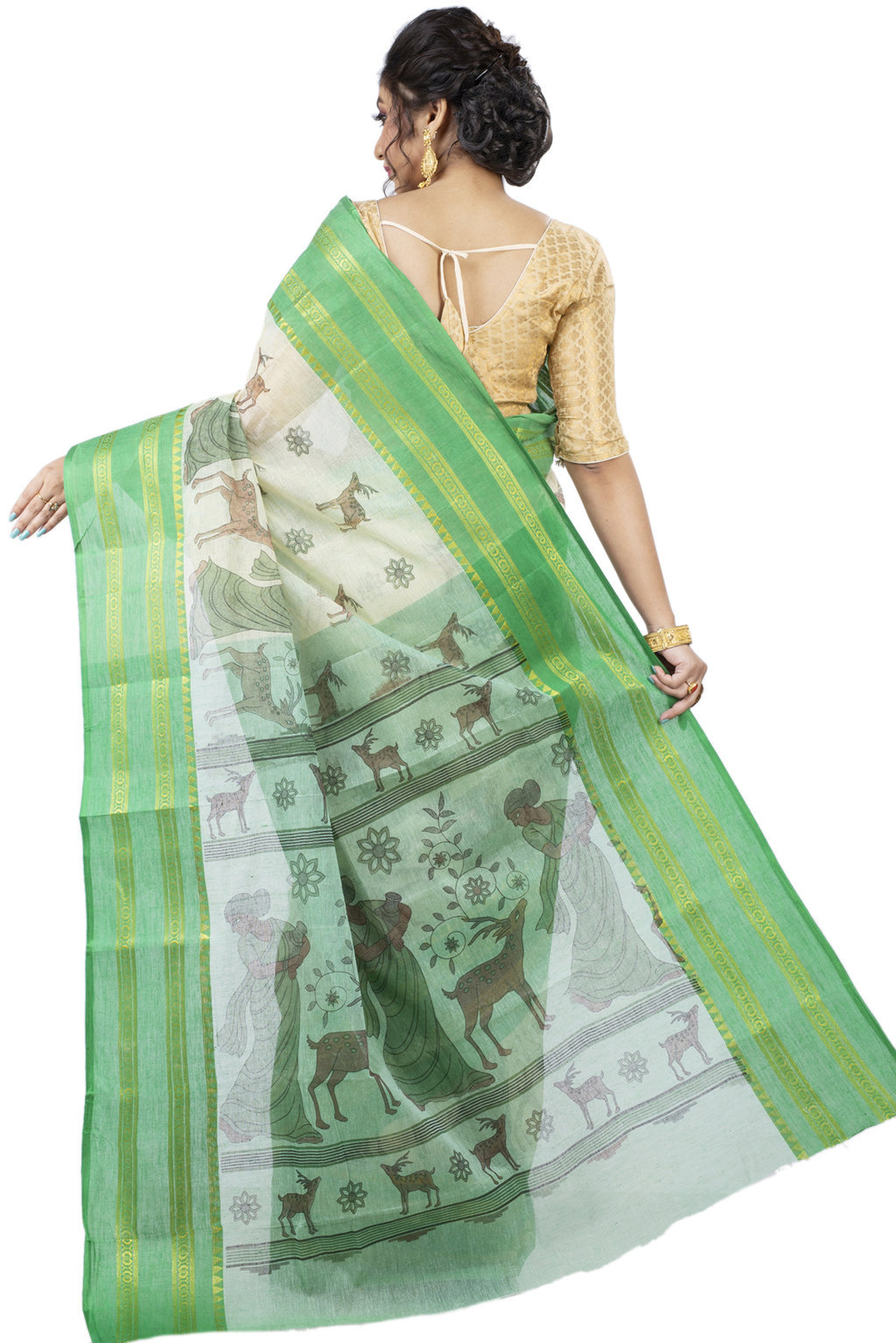 Green Pure Cotton Sakuntala Tant Saree Print (1853)